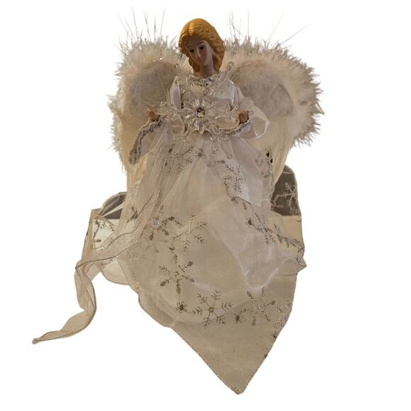 Vintage Christmas Tree Topper Angel Porcelain White Silver Feather Wings - Picture 1 of 5